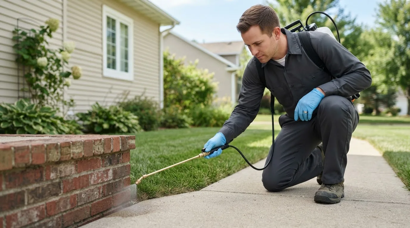 Pest control technician treating a home near Woodside, NY
